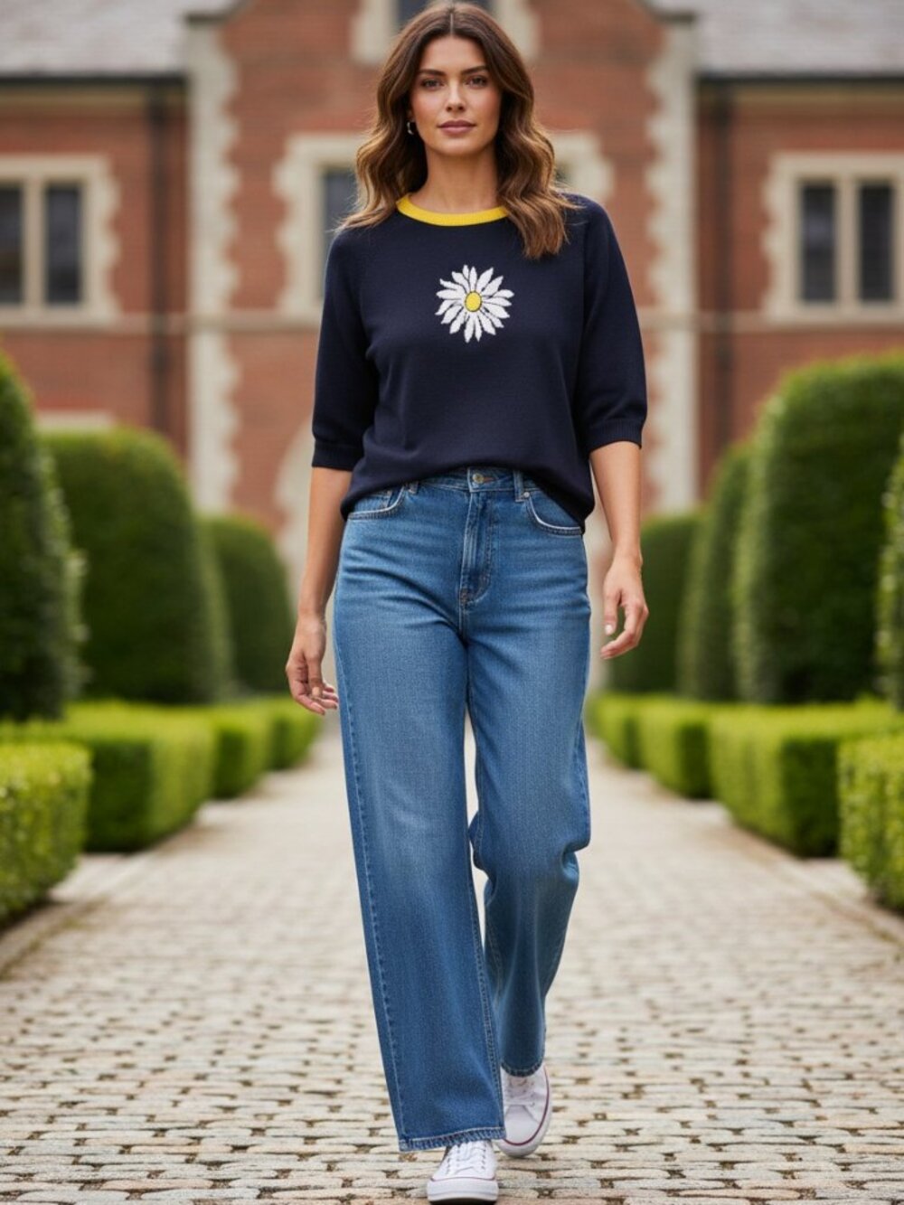 Jones New York Daisy Navy Knit Top with Yellow Trim and Short Sleeves, XL